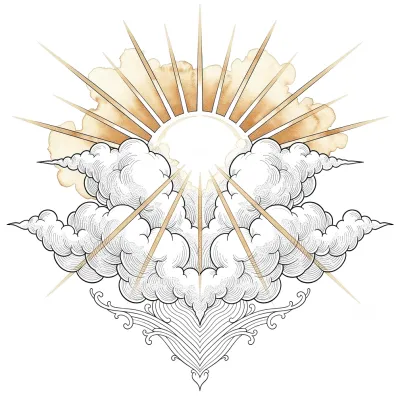 Clouds with Sun Rays, Fine Line tattoo flash design