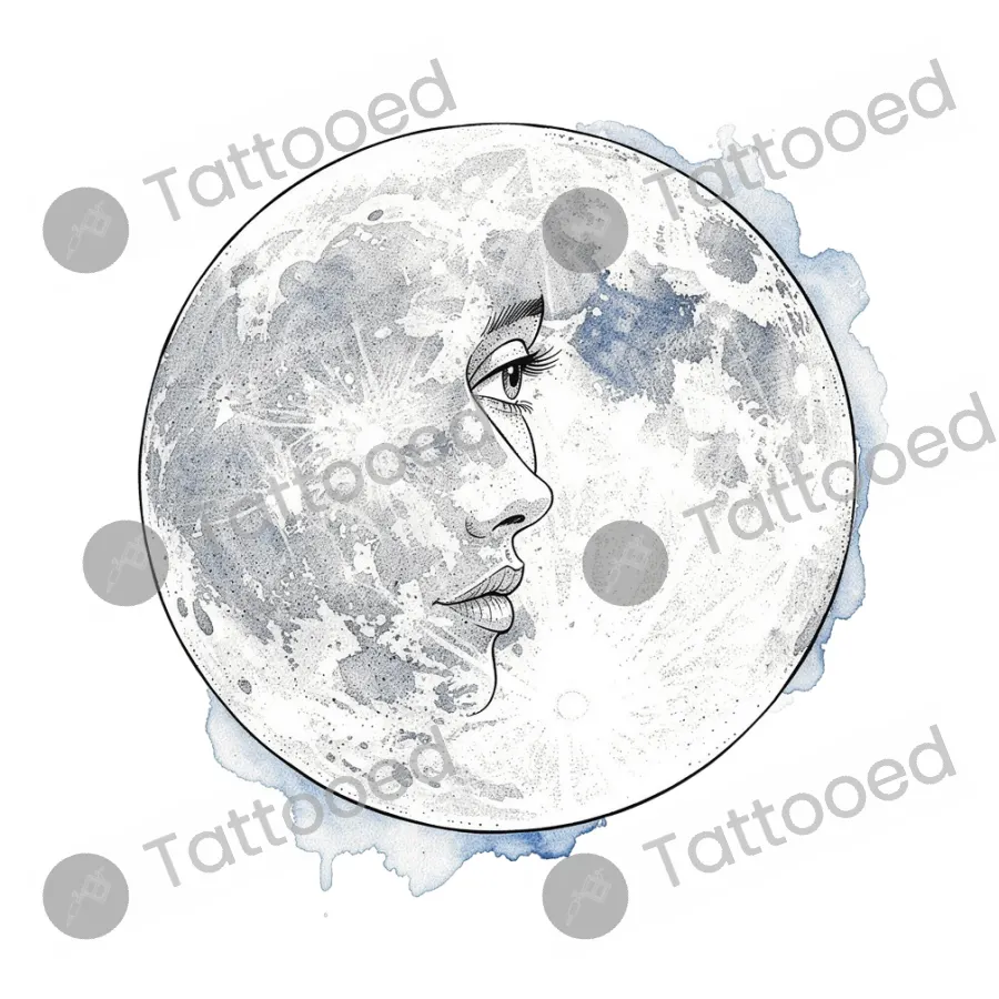 Moon with Silhouette, fine line tattoo flash design