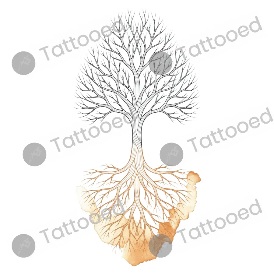 Tree of Life with Roots, fine line tattoo flash design