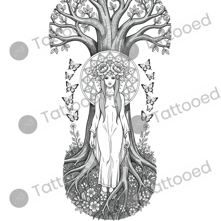 Goddess of Nature, fine line tattoo flash design