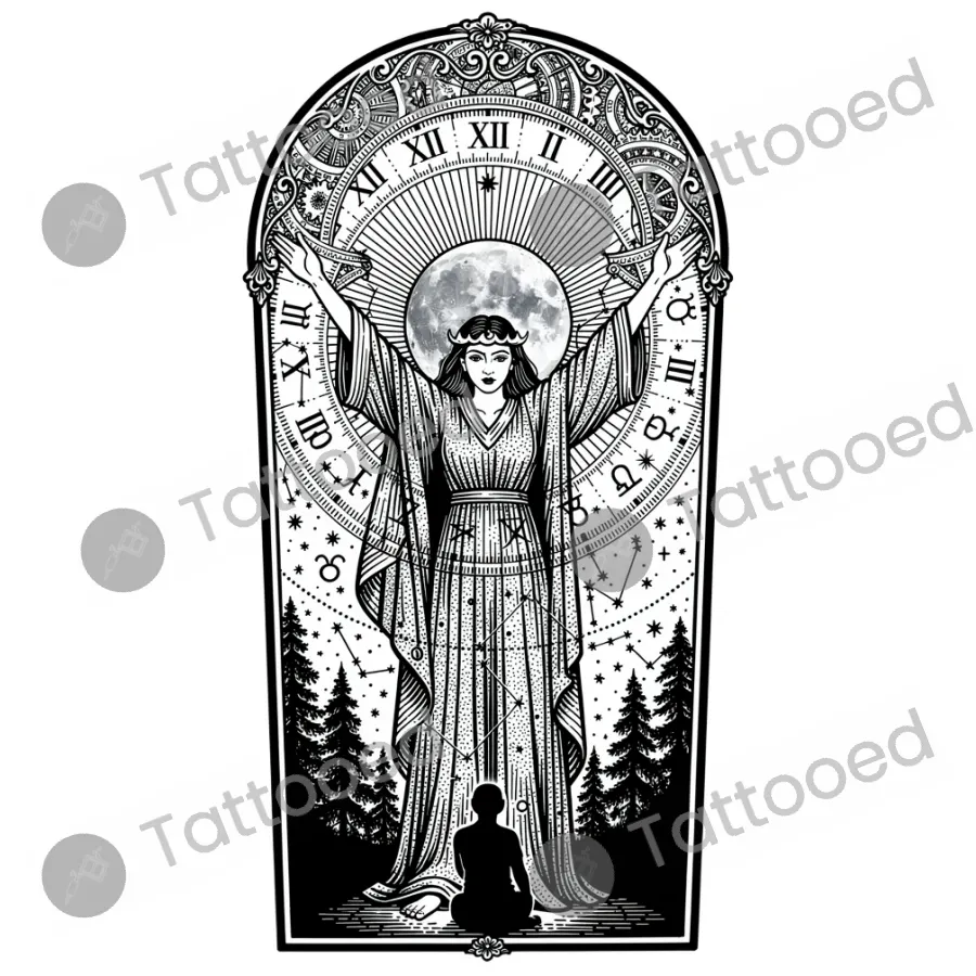 Moon Goddess, blackwork tattoo flash design