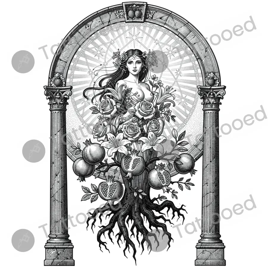Persephone Between Worlds, fine line tattoo flash design