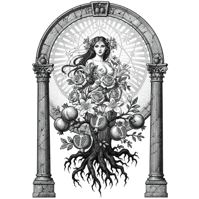 Persephone Between Worlds, Fine Line tattoo flash design
