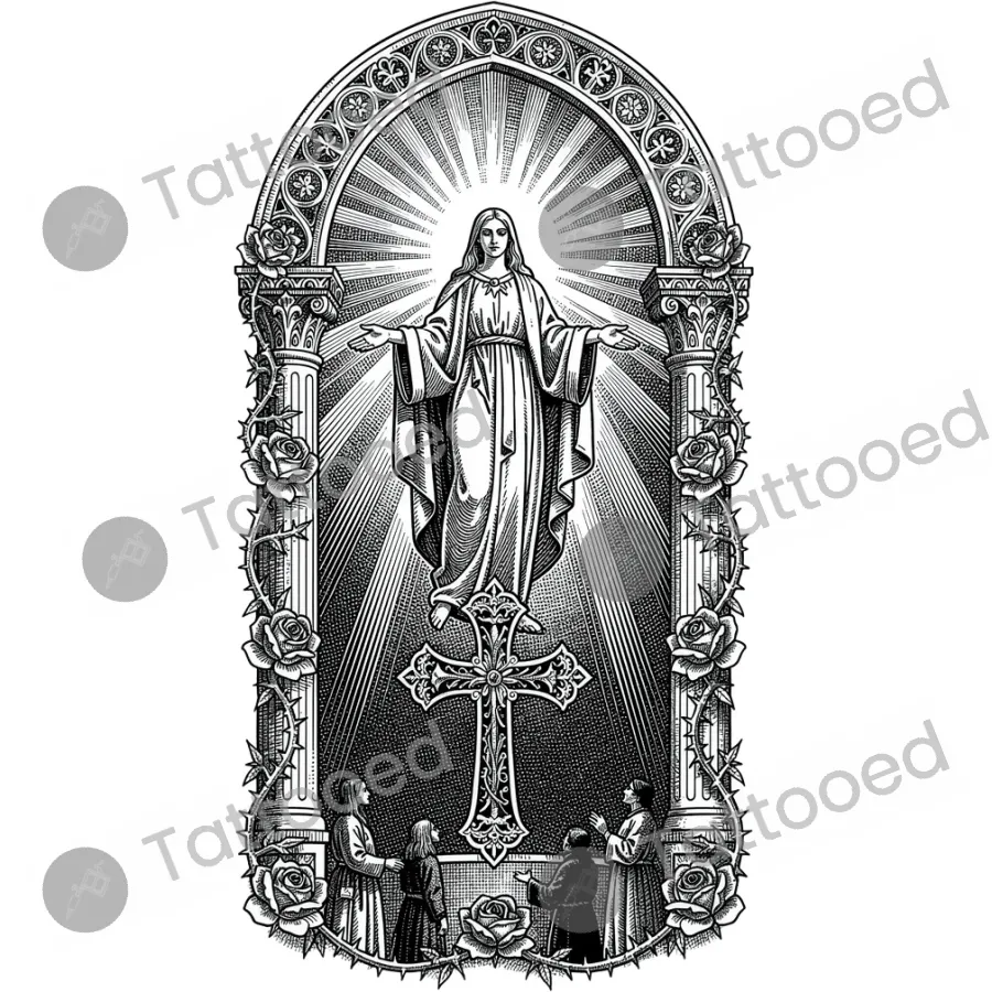 Divine Feminine with Roses, fine line tattoo flash design