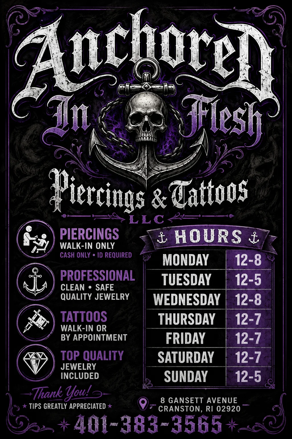 Anchored in Flesh Piercings and Tattoos LLC tattoo shop in Providence, RI